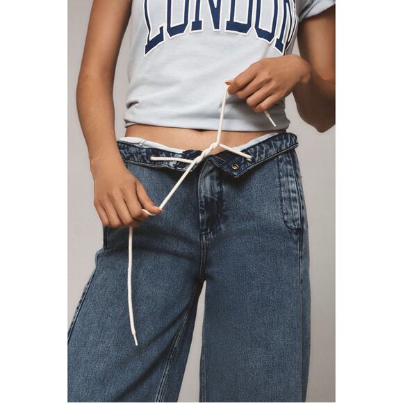 Anthropologie Pilcro Pull On High Rise Wide Leg Track Jeans Drawstring Size 27 - Picture 3 of 11